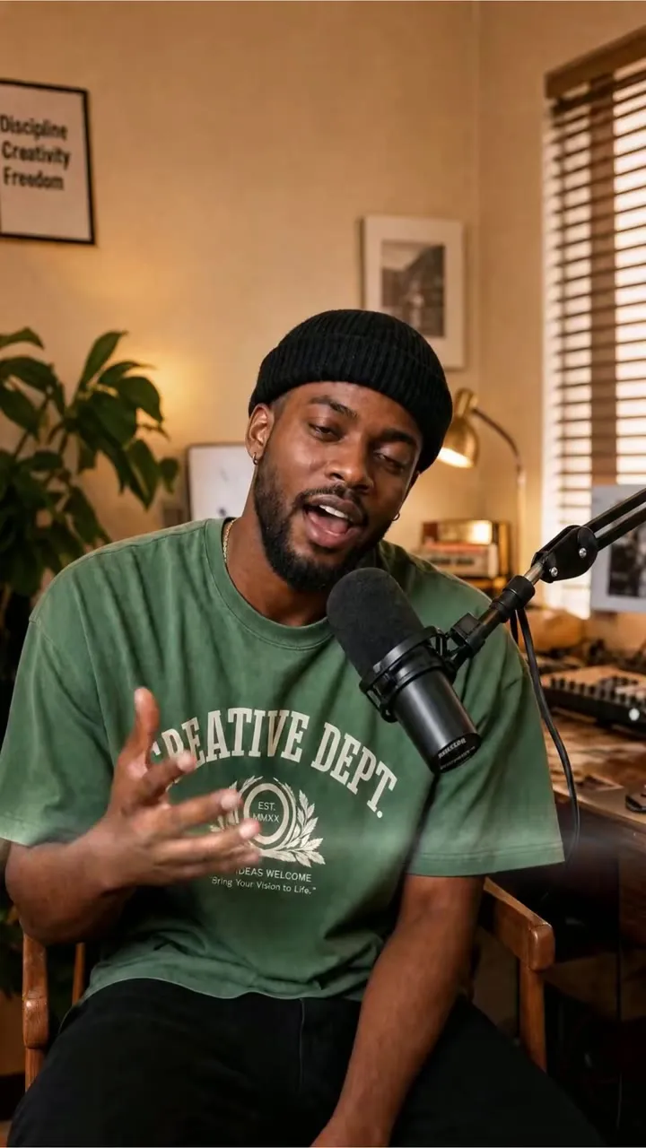 A creator talking into a microphone at a desk