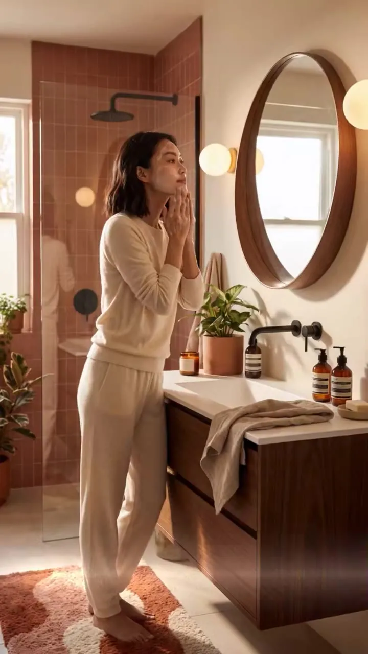 A creator getting ready in a bathroom